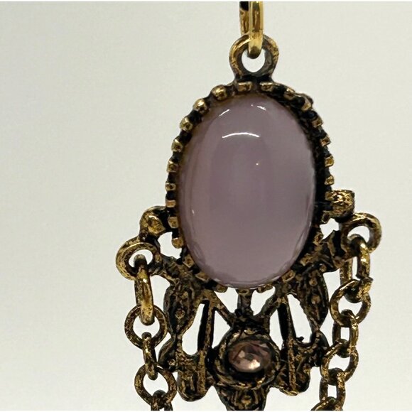 Vintage Gold Tone Drop Earrings Lavender Cabochons & Chain Dangles Elegant Retro - Picture 3 of 15